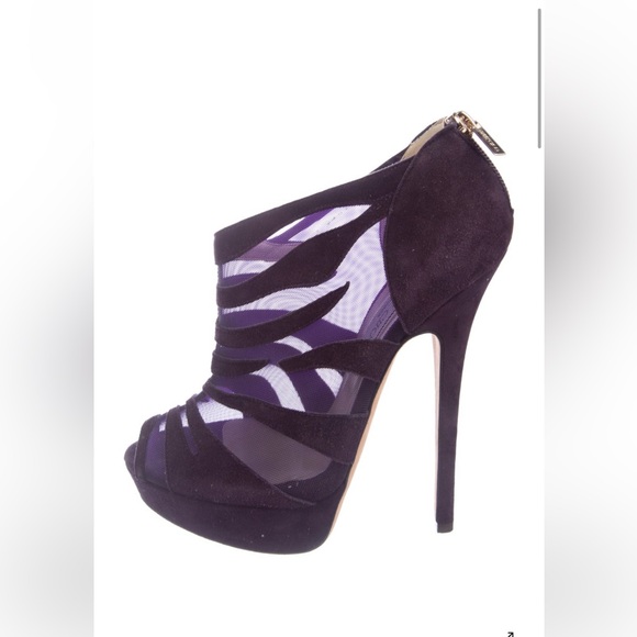 EUC JIMMY CHOO Plum suede Jimmy Choo peep-toe booties with mesh trim, zip back. - Picture 1 of 5